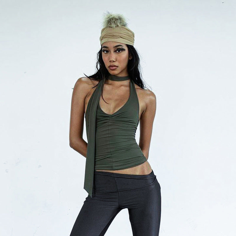 Summer Solid Color V neck Halter Strap Slim Fit Small Tank Top