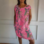 Summer Cotton Linen round Neck Printed with Pocket