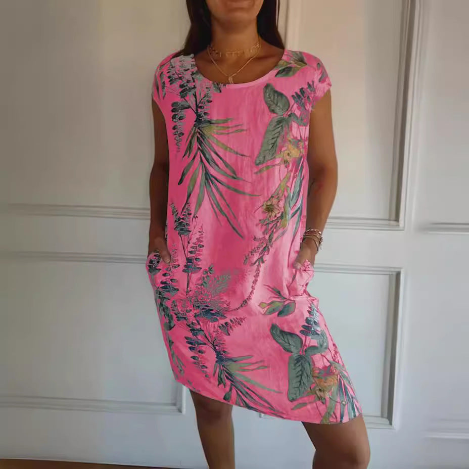 Summer Cotton Linen round Neck Printed with Pocket