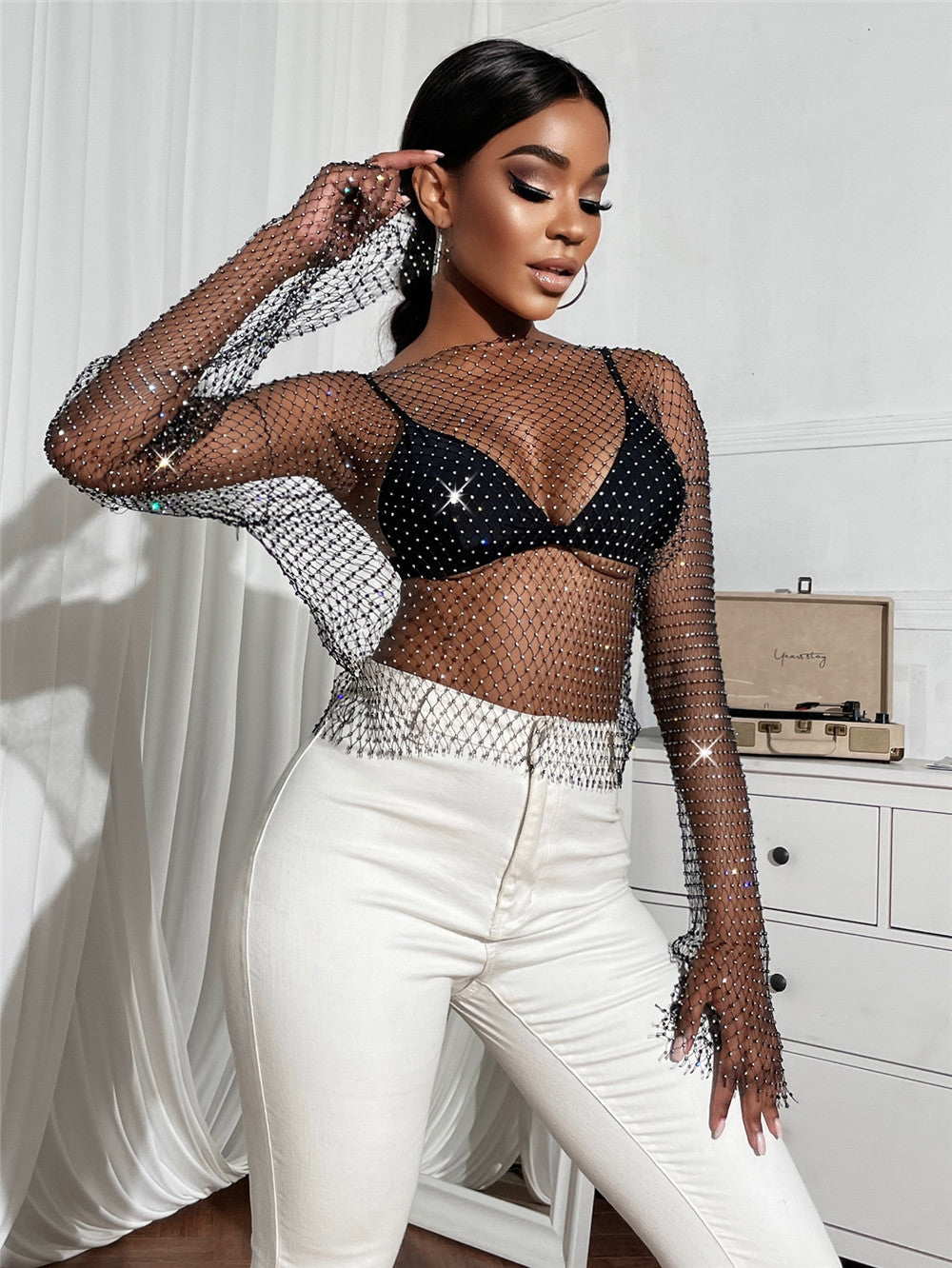 Women's Women Clothing Transparent Sexy Nightclub Women Clothing Grid Rhinestone Round Neck Long Sleeve Top