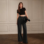 Simple French Old Money High Waist Drooping Work Pant Light Luxury Slimming Loose Straight Casual Pants（No Belt）