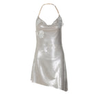 Women's Satin Halter Backless Asymmetric Mini Dress