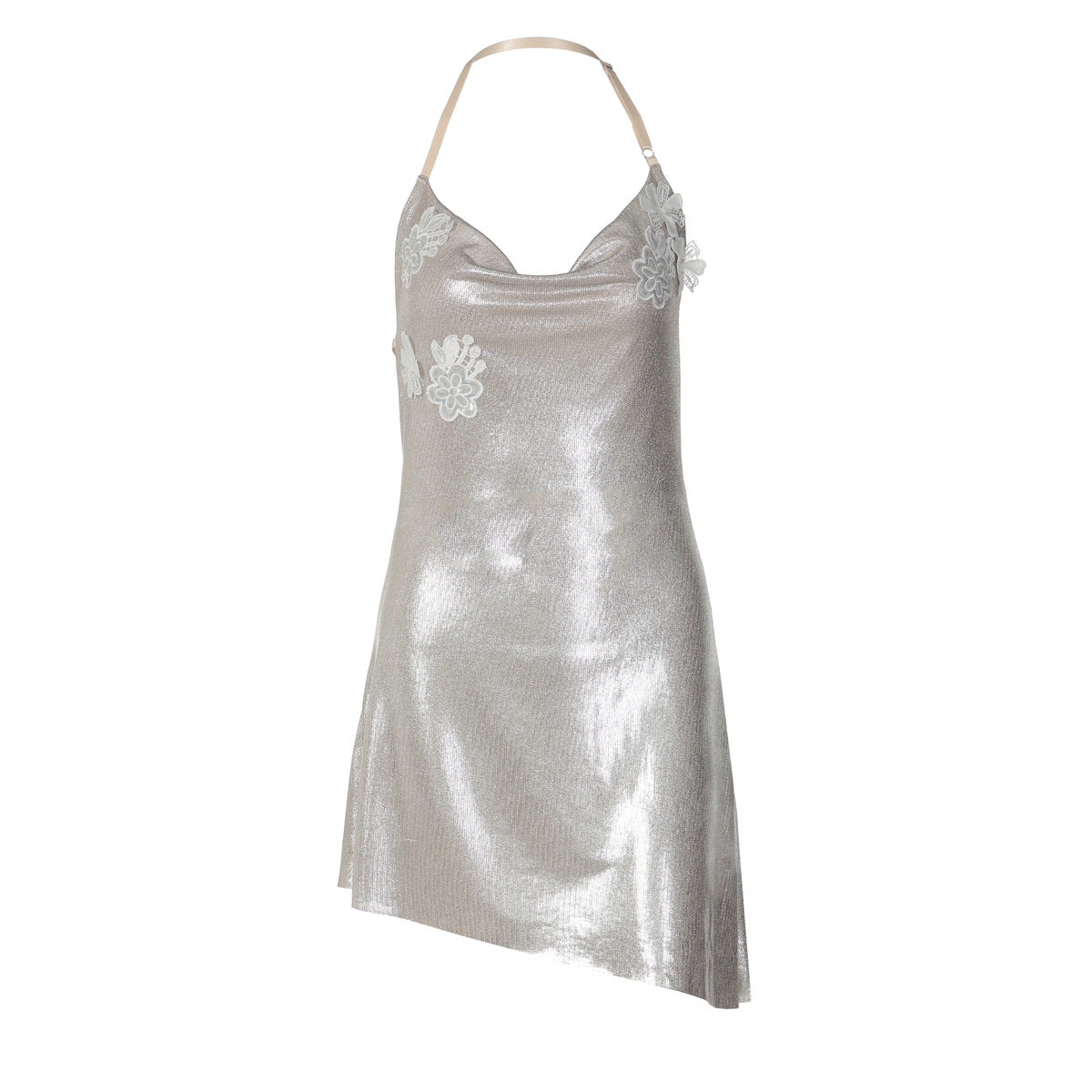 Women's Satin Halter Backless Asymmetric Mini Dress