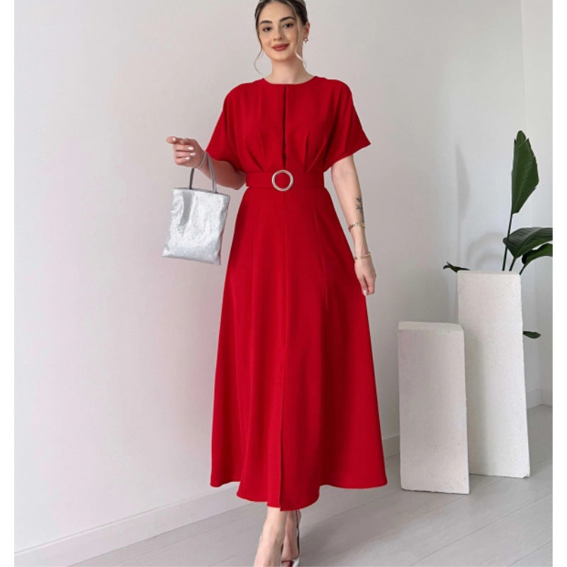 Women's Belted Crew-Neck Maxi Dress
