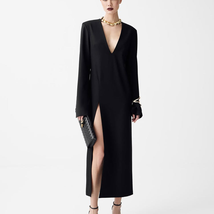 Black Deep V-Neck Slit Maxi Dress