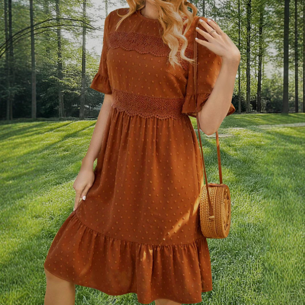 Lace Stitching Solid Color round Neck Ruffle Sleeve Dress