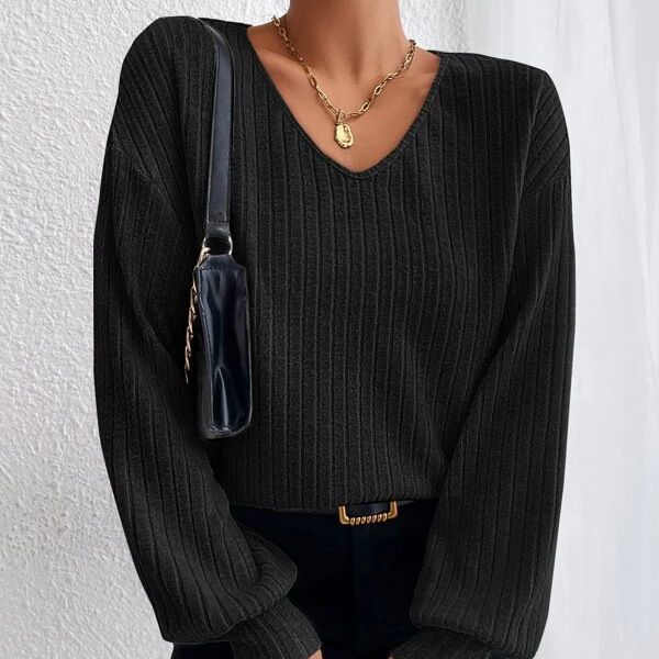 Women's Loose Knitwear V-Neck Drop Shoulder Lantern Sleeve T