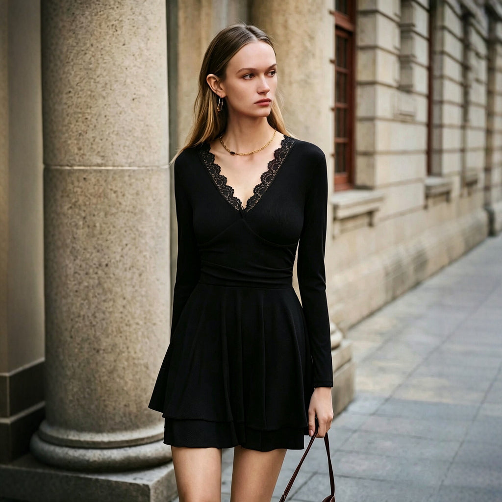 Women's V-Neck Lace Long-Sleeve A-Line Dress