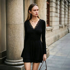 Women's V-Neck Lace Long-Sleeve A-Line Dress