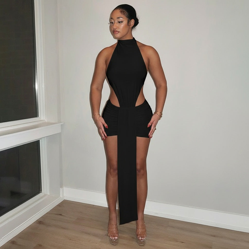 Solid Color Stitching Hollow Out Cutout Ribbon Short Dress