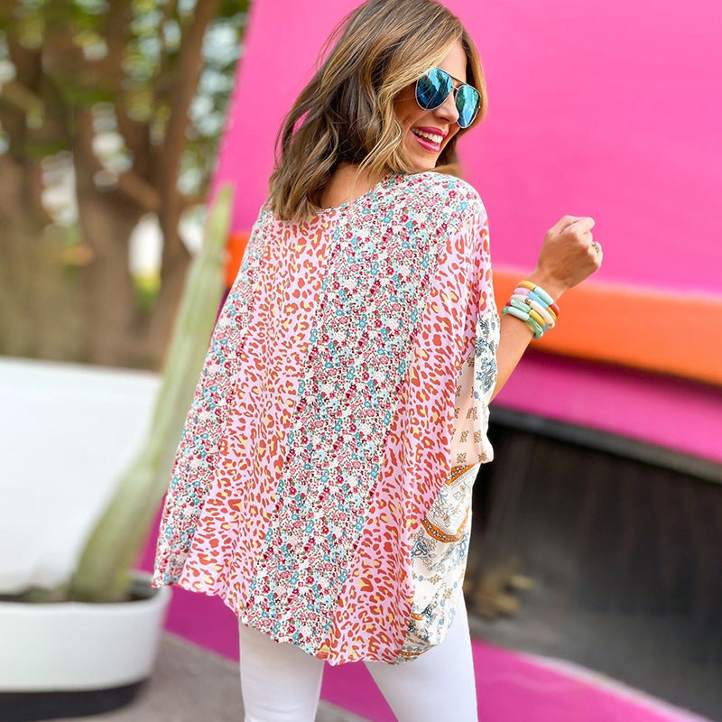 Women's Floral Contrast-Print Top – Three-Quarter Sleeve