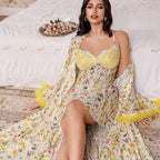 's Robe Printed Nightgown Lace Mesh Camisole Nightdress Light Soft Vacation