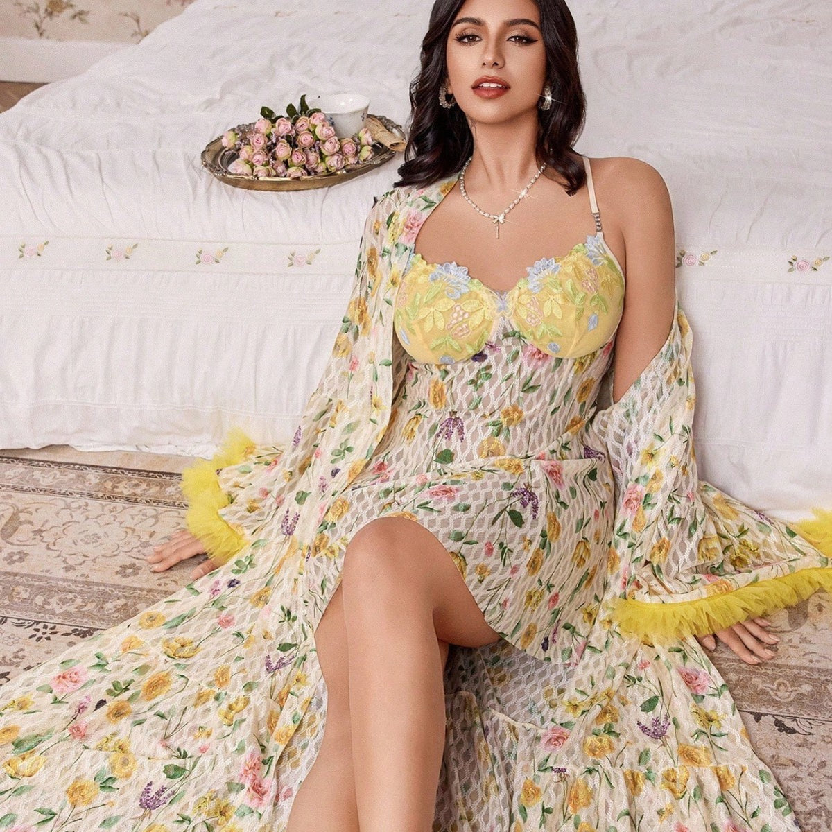 's Robe Printed Nightgown Lace Mesh Camisole Nightdress Light Soft Vacation