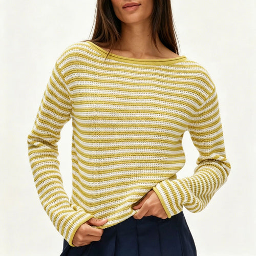 Yellow and white striped crewneck knit pullover sweater, relaxed long sleeves
