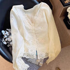 Women's Elegant V Neck Hollow Out Cutout Lace Long Sleeved Shirt