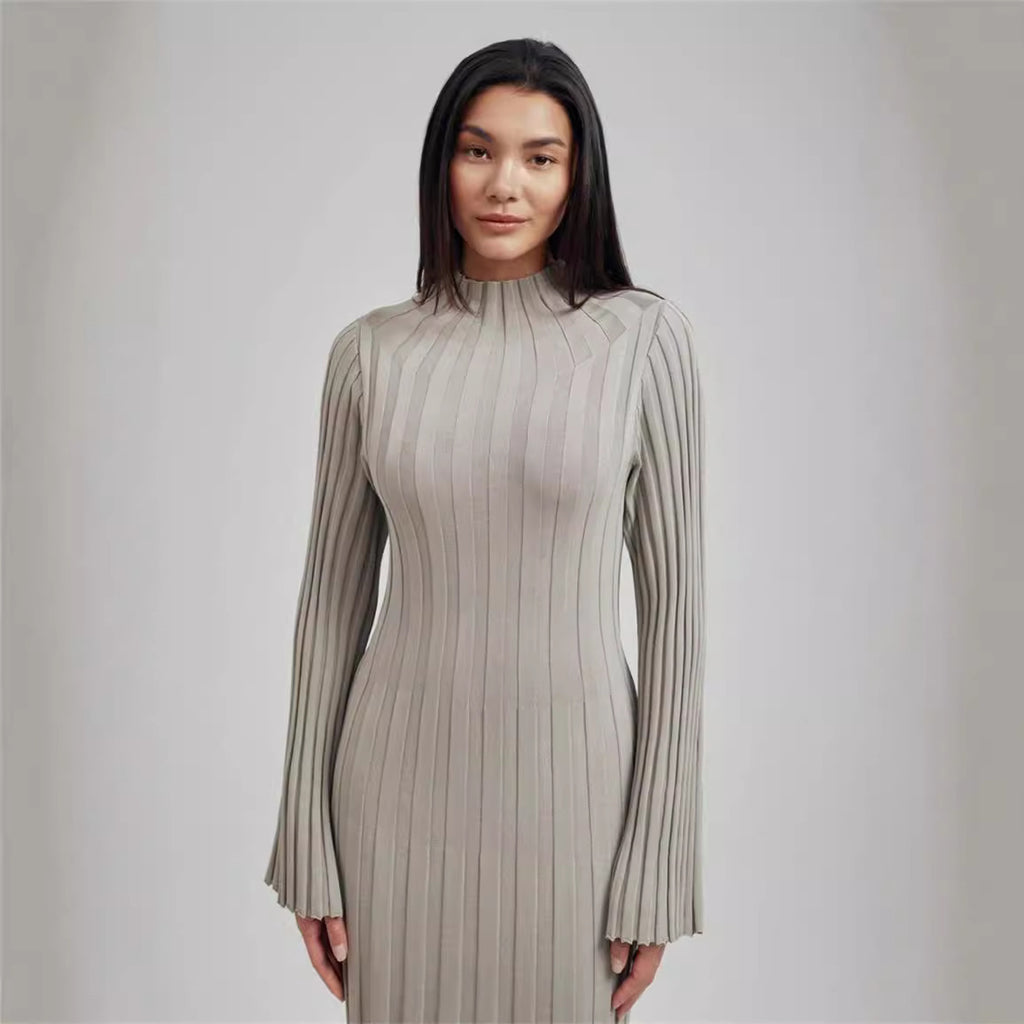 Mock-Neck Belted Long-Sleeve Sweater Bodycon Maxi Dress