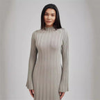 Mock-Neck Belted Long-Sleeve Sweater Bodycon Maxi Dress