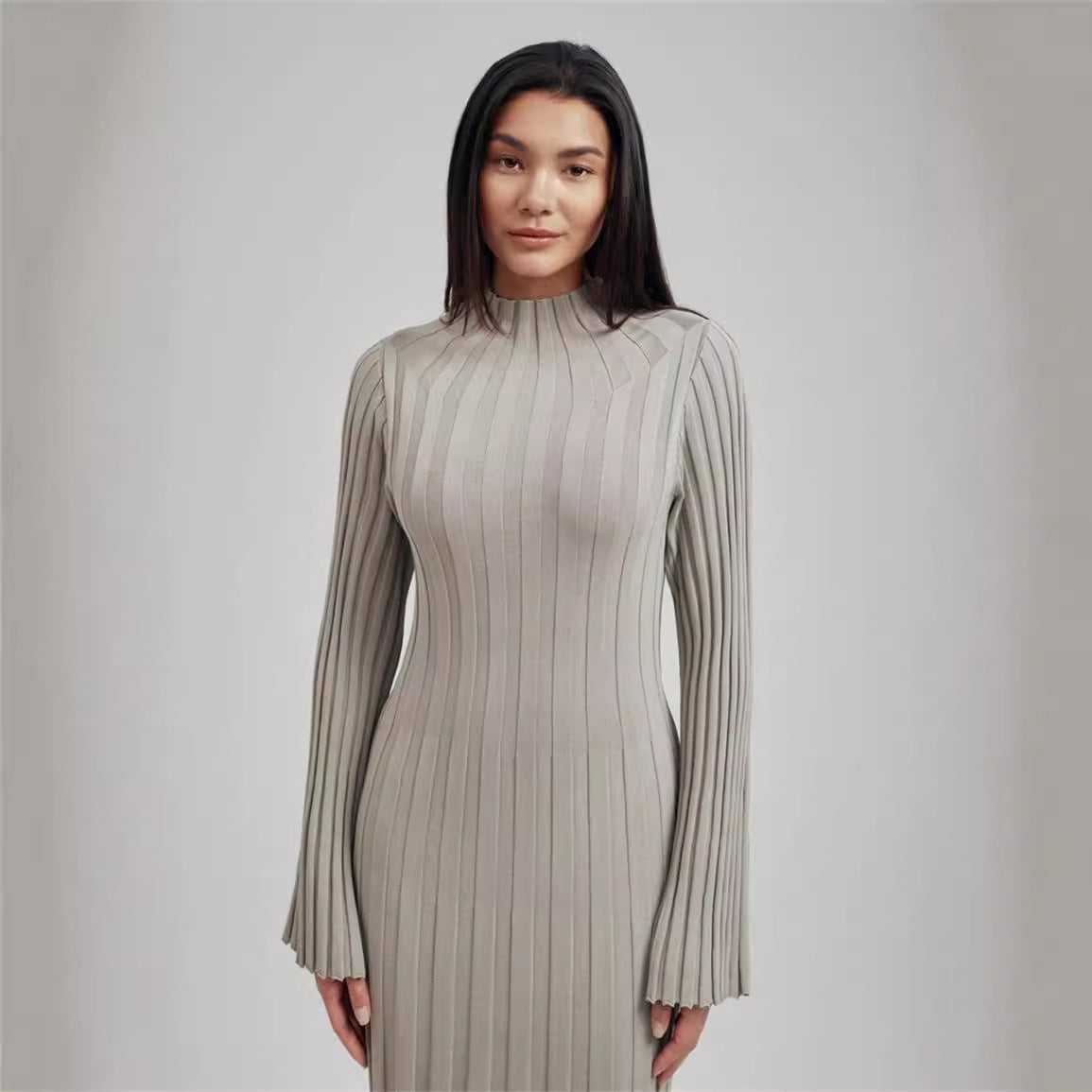 Mock-Neck Belted Long-Sleeve Sweater Bodycon Maxi Dress