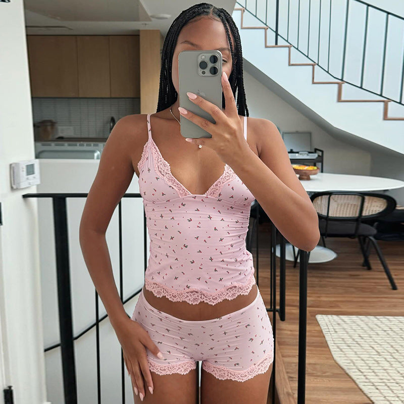 Women's Casual Homewear Small Floral Lace Camisole Shorts Pajamas Two