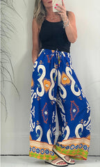 Printed Pocket Casual Loose Wide Leg Pants Thin Trousers