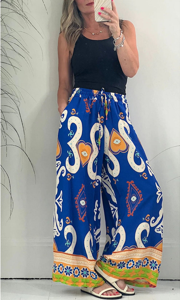 Printed Pocket Casual Loose Wide Leg Pants Thin Trousers