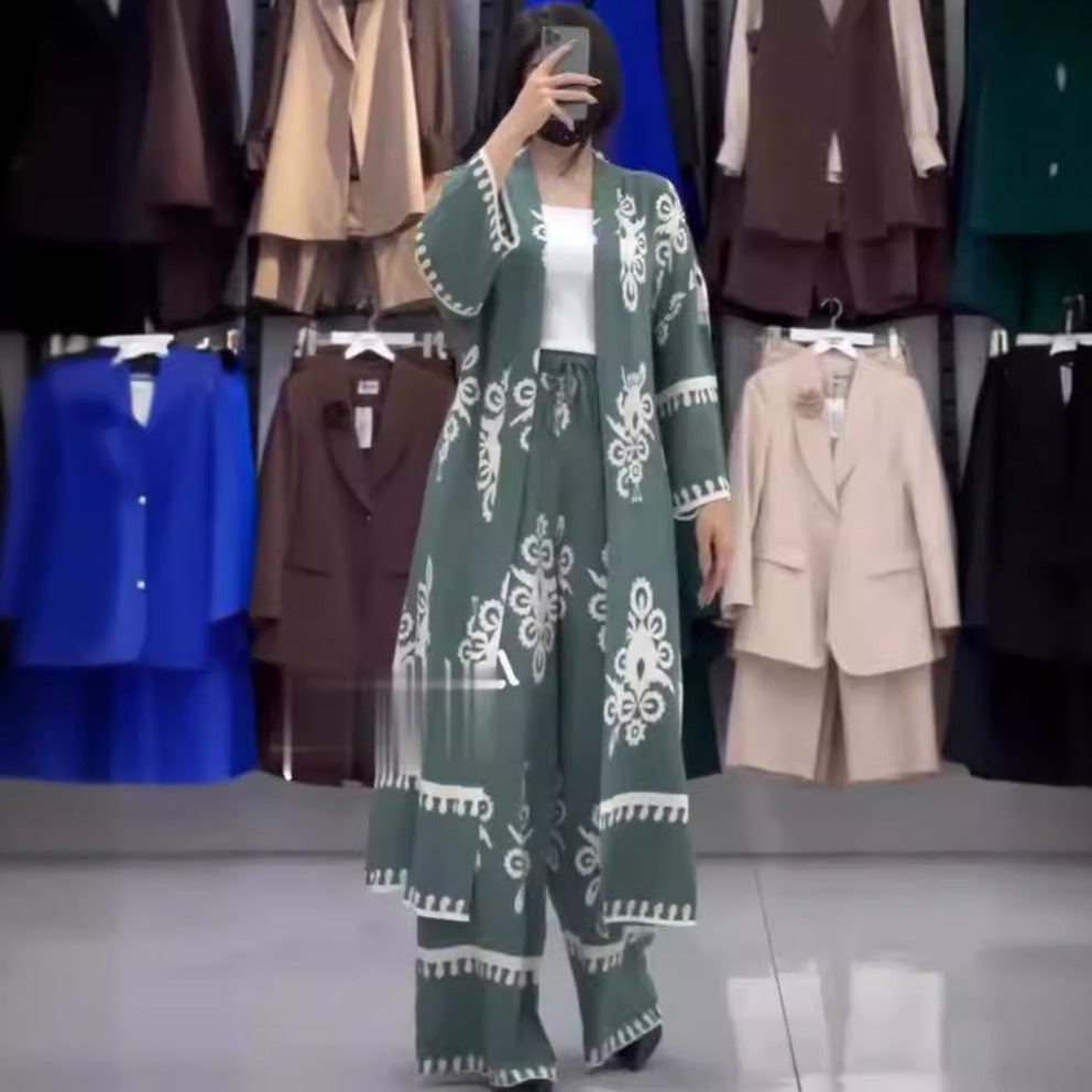Printed Long-Sleeve Top & Wide-Leg Pants Two-Piece Set