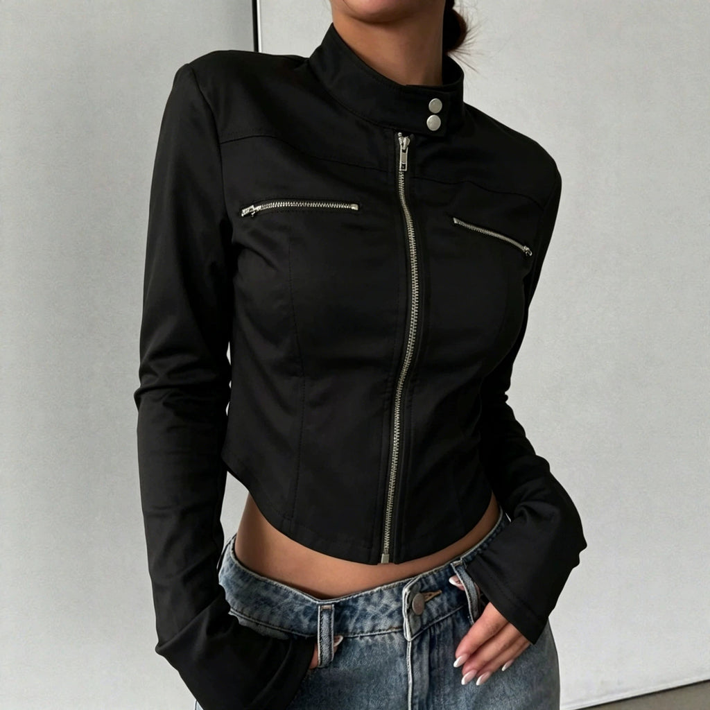 Sexy Black Irregular Asym Zipped Stand Collar Short Sports