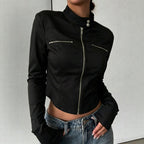 Sexy Black Irregular Asym Zipped Stand Collar Short Sports