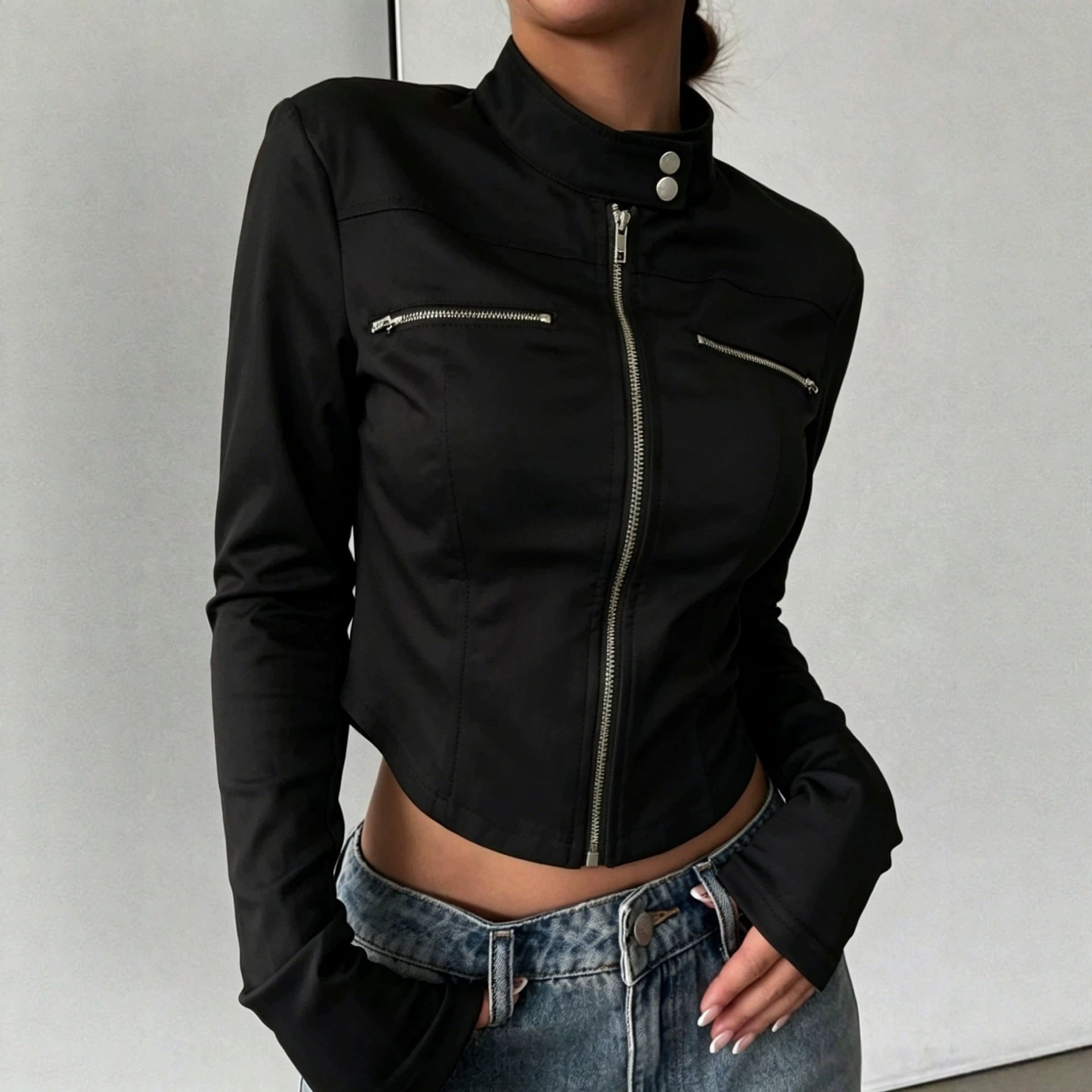 Sexy Black Irregular Asym Zipped Stand Collar Short Sports