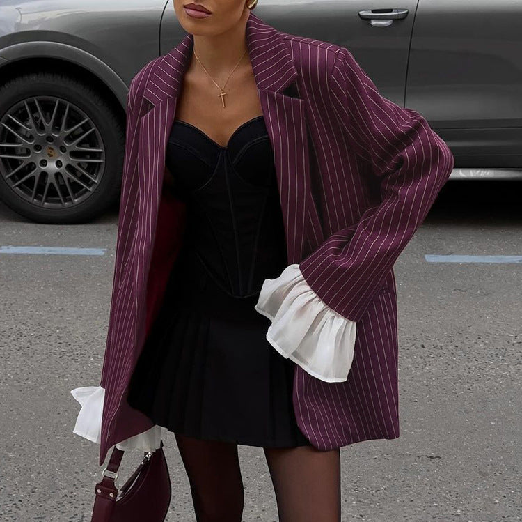Striped Blazer Lace Bell Sleeve Loose