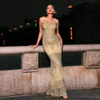 Women's V-Neck Sequin Backless Fishtail Maxi Dress