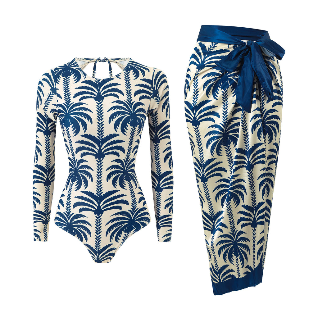 Navy and cream palm-print long-sleeve one-piece swimsuit with waist tie