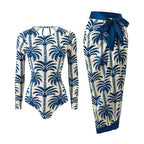Navy and cream palm-print long-sleeve one-piece swimsuit with waist tie