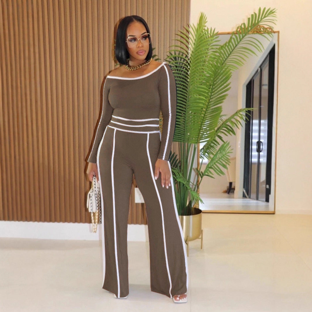 Women's Office Casual Off Shoulder Diagonal Collar Elastic Stitching
