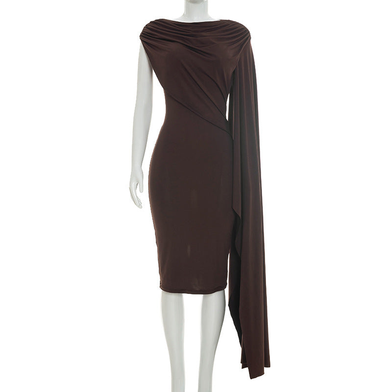 Brown sheath sleeveless midi dress with cowl neckline and long draped side panel