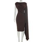Brown sheath sleeveless midi dress with cowl neckline and long draped side panel