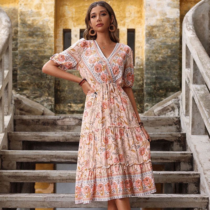 Summer Retro Women Pink Wooden Ear Printed Midi Dress