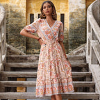 Summer Retro Women Pink Wooden Ear Printed Midi Dress