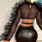 Women’s Black Sheer Mesh Criss Cross Long Sleeve Top