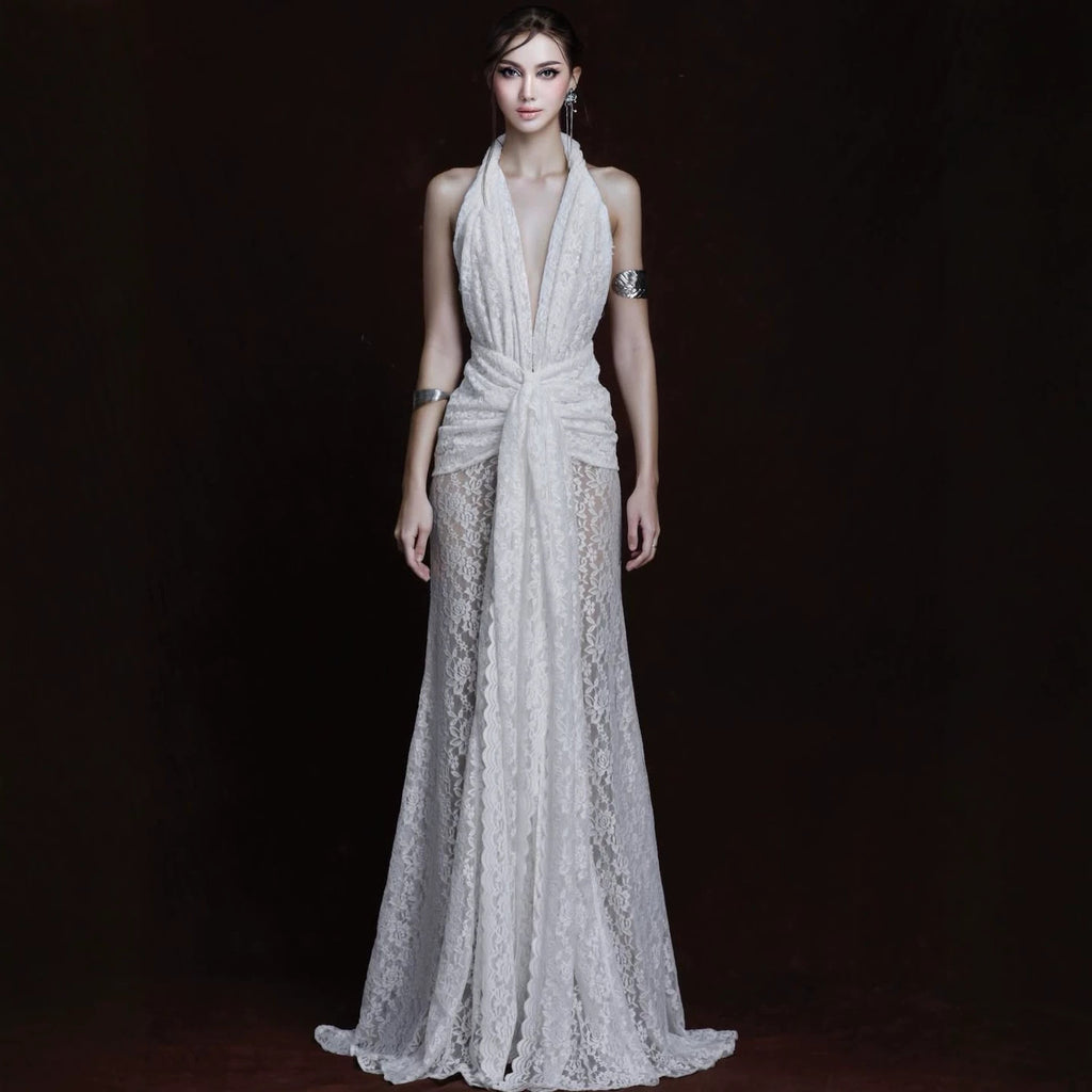 White Halter Lace Maxi Dress Deep V Plunge Twist Waist Split Sexy Backless Dress