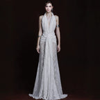 White Halter Lace Maxi Dress Deep V Plunge Twist Waist Split Sexy Backless Dress