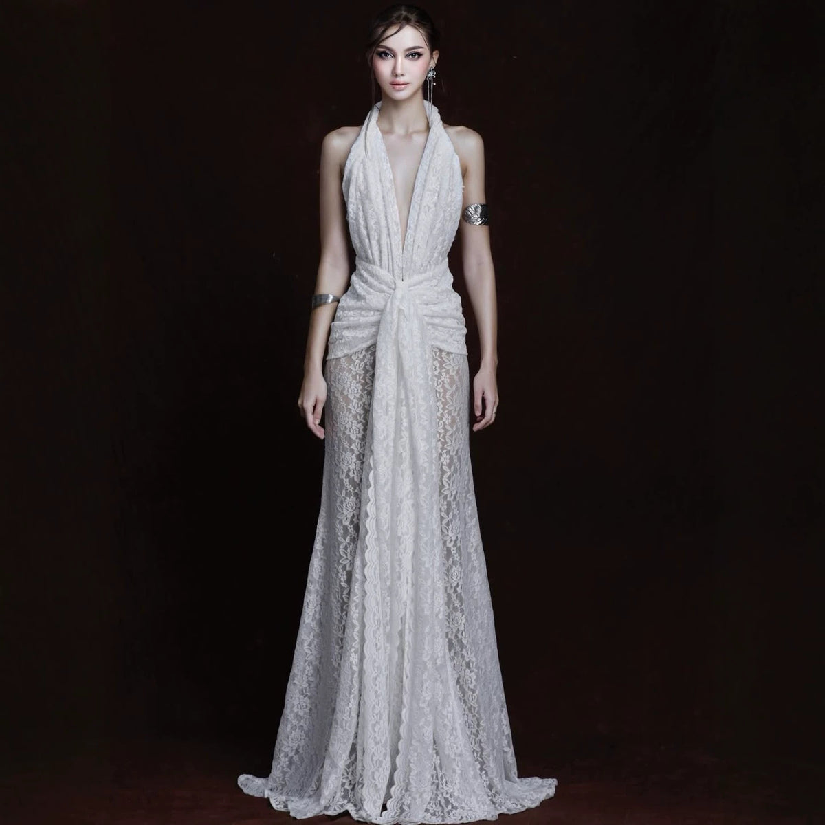 White Halter Lace Maxi Dress Deep V Plunge Twist Waist Split Sexy Backless Dress