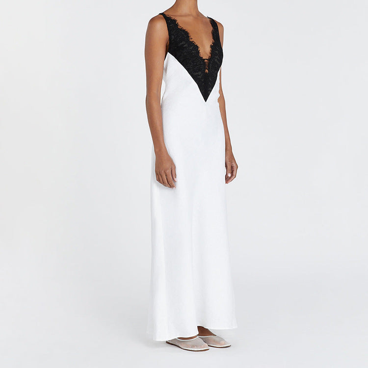 Lace Contrast Backless Cami Dress