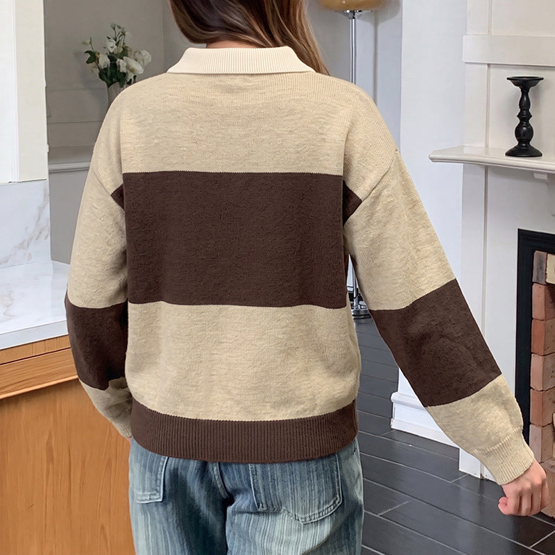 Casual Korean Maillard Contrast Color Striped Polo Collar