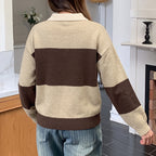 Casual Korean Maillard Contrast Color Striped Polo Collar