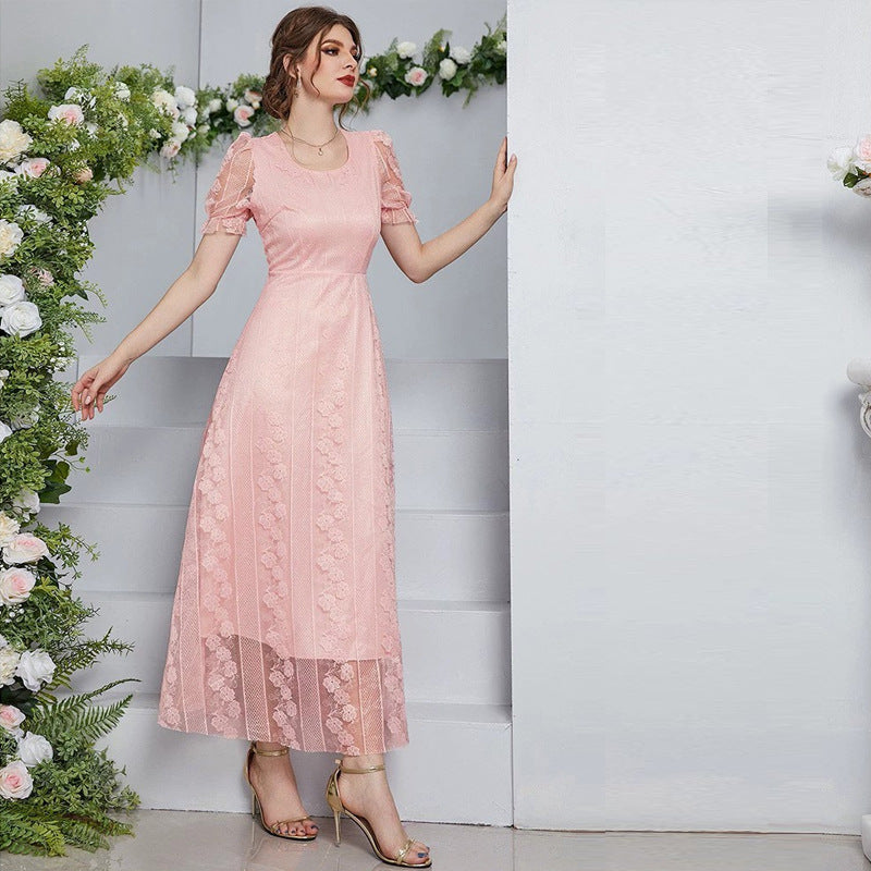 Mesh-Panel Crew-Neck Maxi Dress