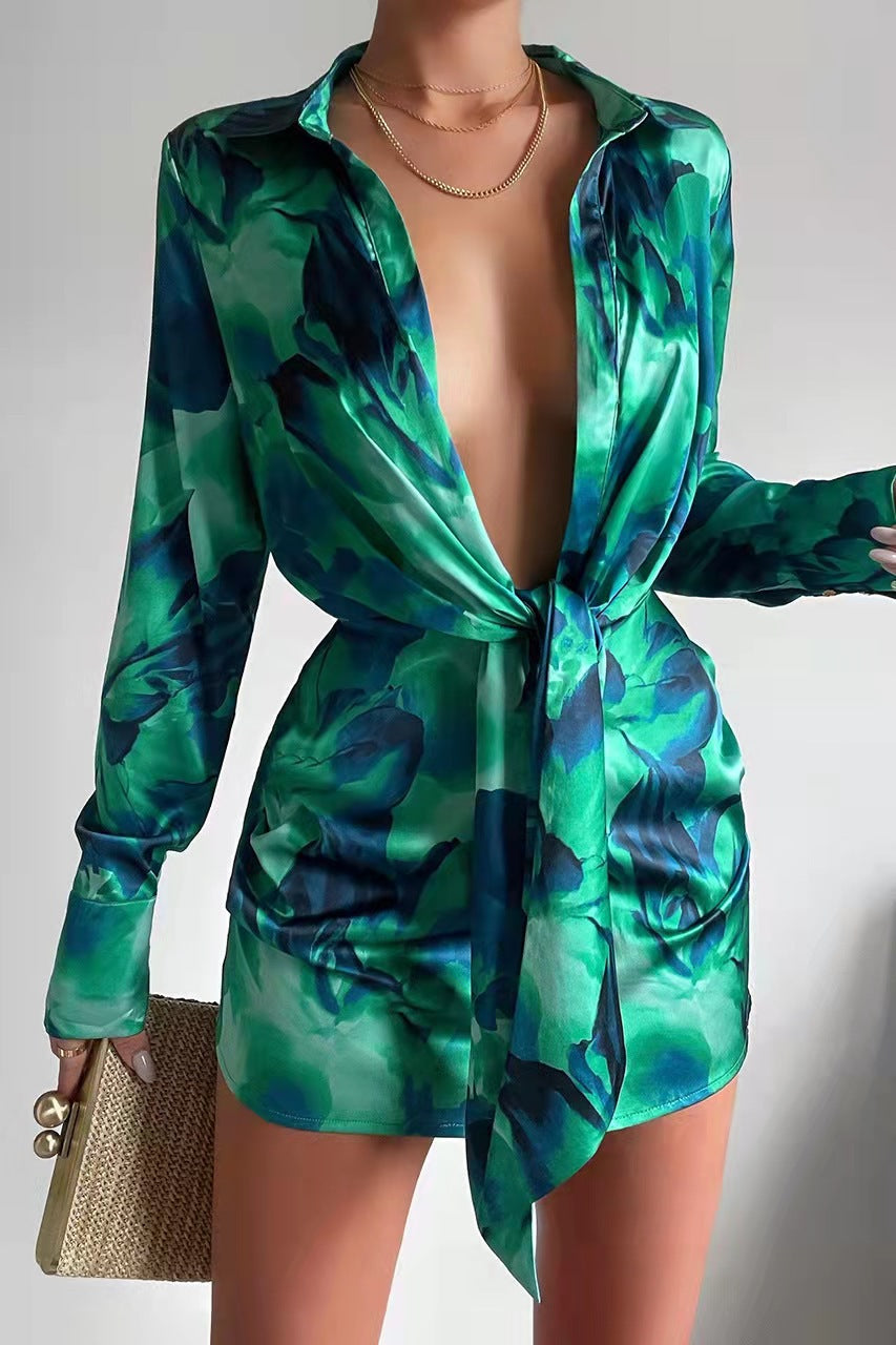 Women's Sexy Women Wear Digital Printing Series Button Long Sleeve Shirt Dress