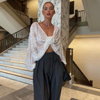 Women's Winter Women Clothing Sexy Elegant Lace Jacquard Sheer Long Sleeve Top For Women