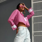 Striped Short Shirt Collared Long Sleeves Cropped