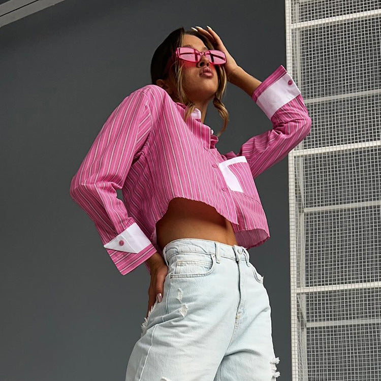 Striped Short Shirt Collared Long Sleeves Cropped